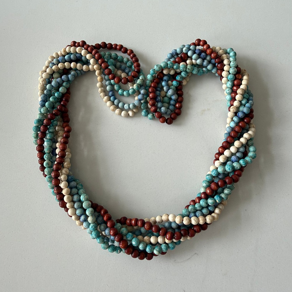 Set of 4 Long Beaded Strand Necklaces Turquoise Blue Brown Cream Boho Layering